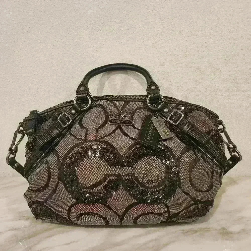 EUC Coach Madison Signature Op Art Sophia Sequin Metallic Satchel Shoulder Bag